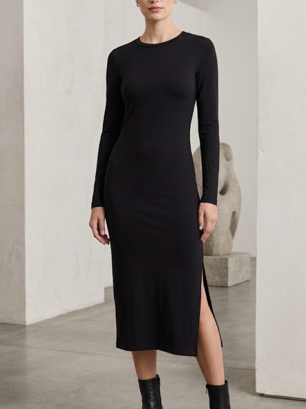 Leith Black Long-Sleeve Midi Dress with Side Slit